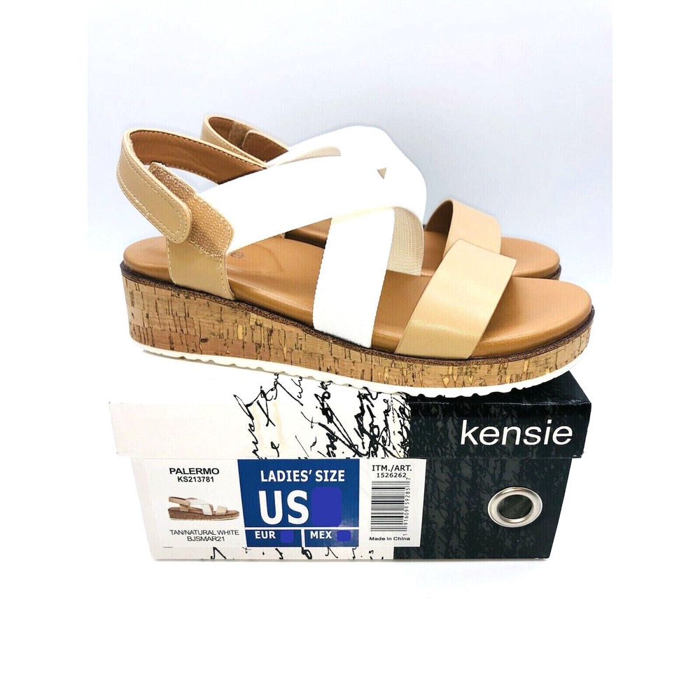 Kensie Women's Palermo Wedge Strappy Sandals- Tan / Natural White, US 9.5